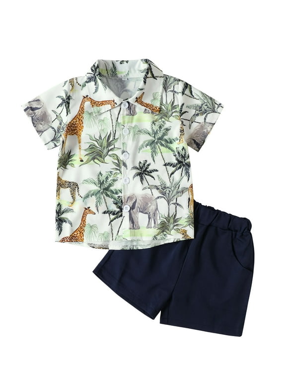 Summer Infant Baby Boys Hawaiian Outfit Toddler Short Sleeve Animal/Tree Print Tops+Casual Shorts 2Pcs Beach Clothes Set
