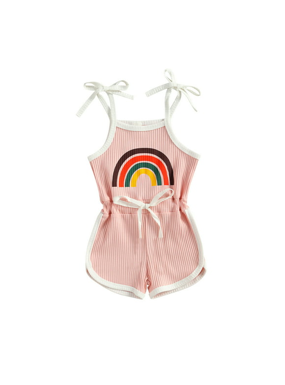 Summer Infant Girls Cotton Sleeveless Rompers Rainbow Printed Pattern Off Shoulder Suspender Romper