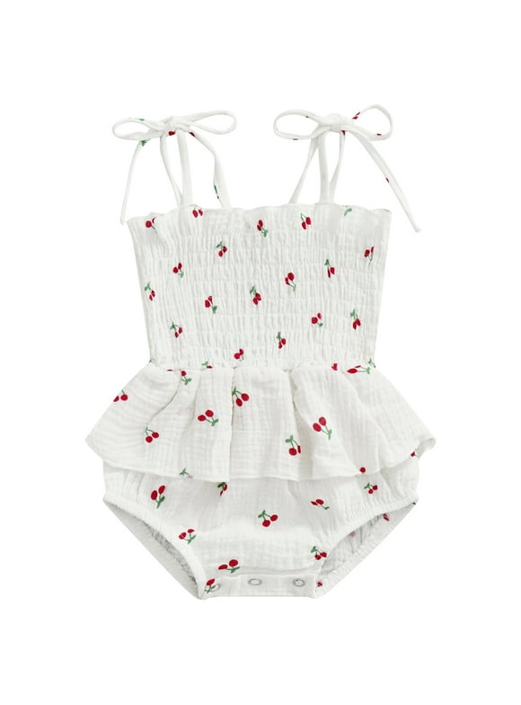 Summer Infants Baby Girls Sweet Romper Tie-up Spaghetti Straps Cherries Printed Ruffle Short Jumpsuit