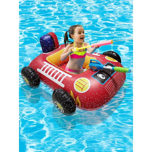 Inflatable Firetruck Pool Float with Water Squirt Gun - 33 Inch Ride-On Summer Lounger with Handles