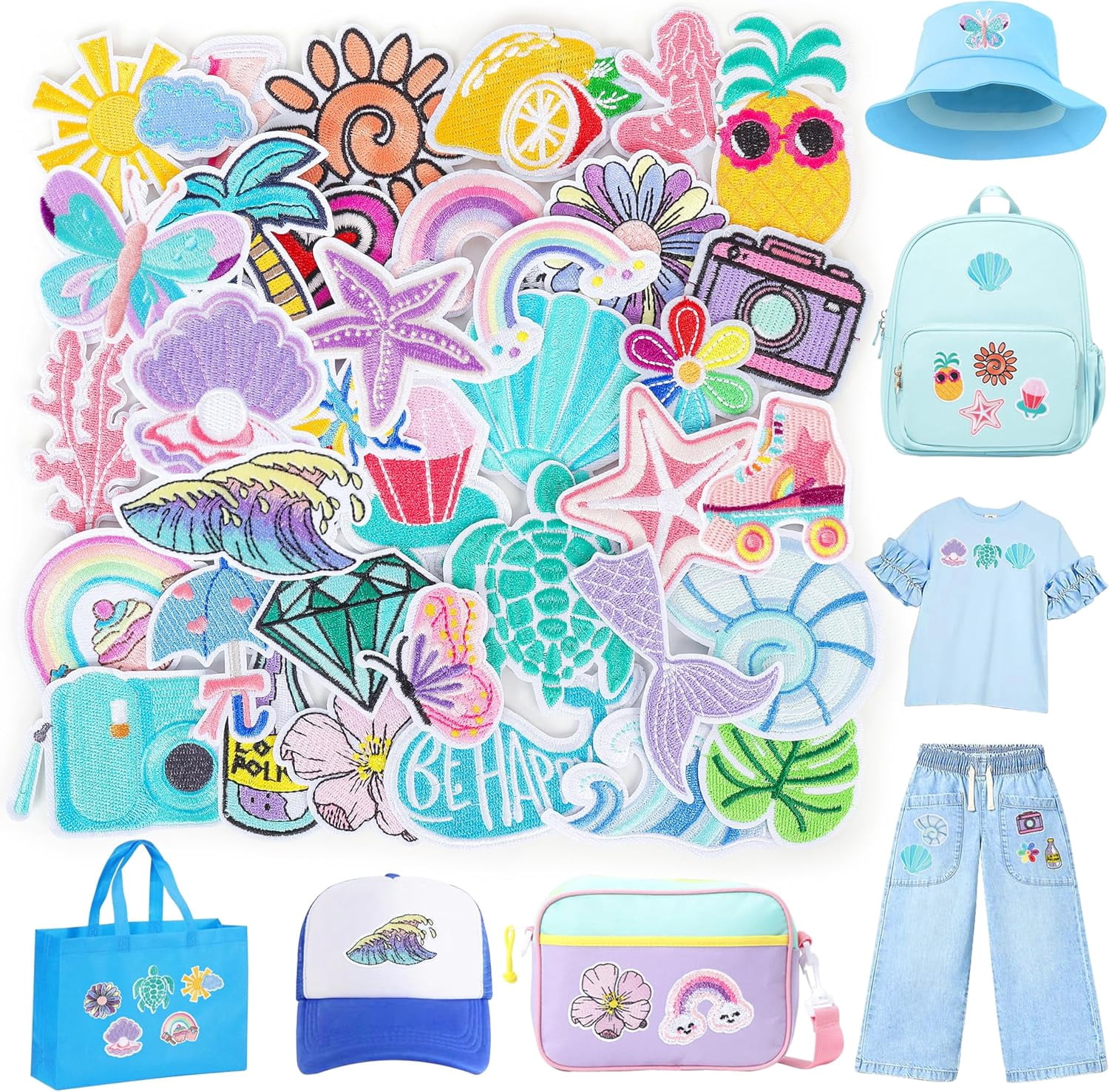 Summer Iron on Patches for Trucker Hats: 36pcs Cute Sea Beach Embroideried Patches Aesthetic Sew on for DIY Fabric - Kawaii Repair Patch for Clothing Jackets Jeans Shoes Backpacks Decor