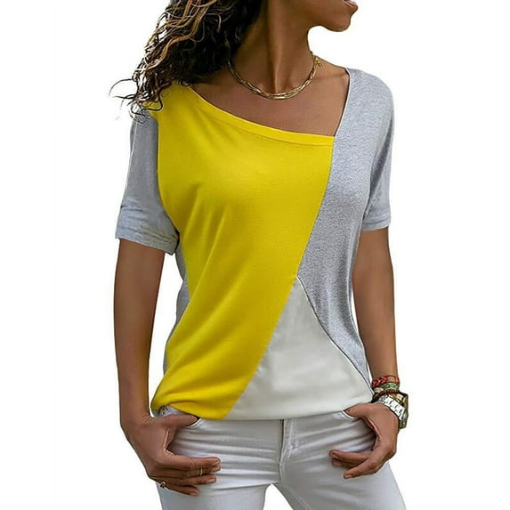 Summer Irregular Collar Women's Clashing Colours Short Sleeve T-Shirt Geometric Patterns Splicing Colours