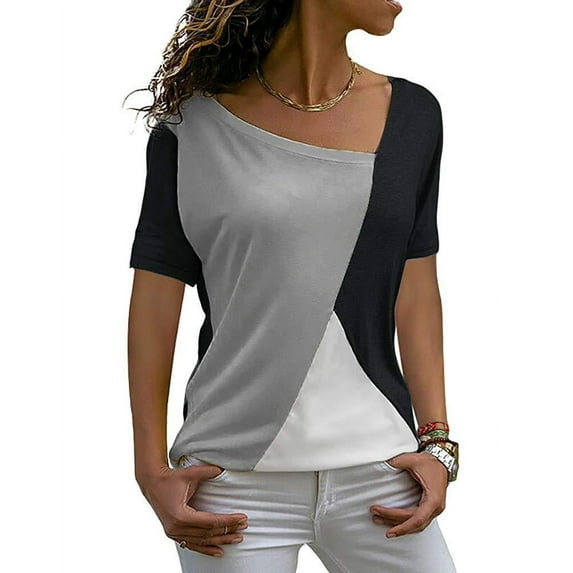 Summer Irregular Collar Women's Clashing Colours Short Sleeve T-Shirt Geometric Patterns Splicing Colours