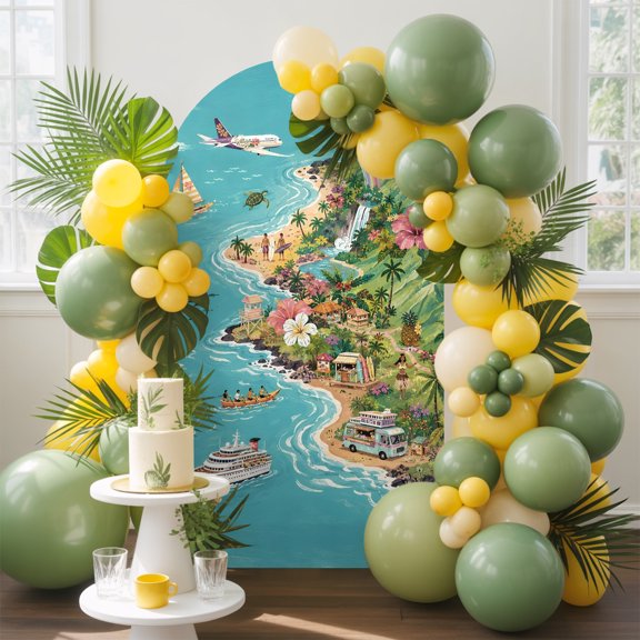 Summer Island Arch Backdrop Cover, 4FT, Tropical Coastal Volcanic Peak Ocean Tree Flowers Ship Spandex Arch Covers Double-Sided Backdrop for Wedding Birthday Party Photo Background Decoration