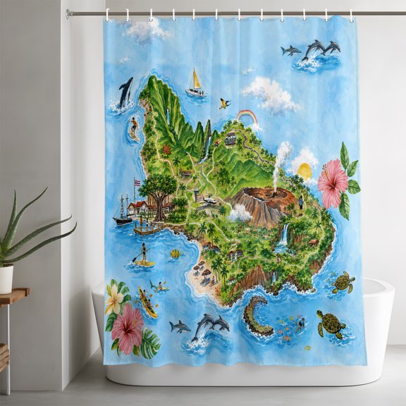Summer Island Bathroom Shower Curtain, Tropical Coastal Green Volcanic Peak Sea Turtles Whale Waterproof Washable Soft Bath Curtain for Bathtub Decor with 12 Hooks&Grommet, 36x72in