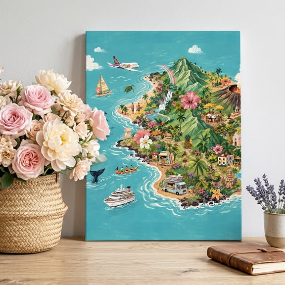 Summer Island Canvas Wall Art for Living Room, Tropical Coastal Volcanic Peak Ocean Tree Flowers Ship Poster Print Painting for Bedroom Office Home Decoration Wall Pictures Prepare To Hang 24"x36"