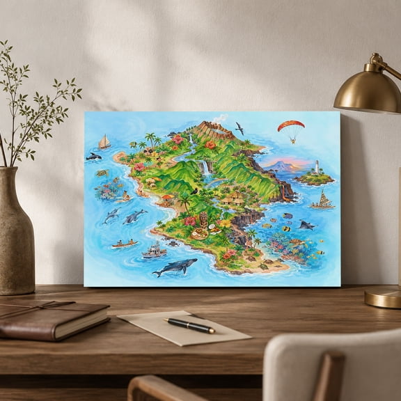 Summer Island Canvas Wall Art, Tropical Coastal Green Volcanic Peak Ocean Flowers Whale Wall Art Prints Artwork Framed Canvas Ready to Hang Art Pictures for Bathroom Nightstand Hallway 14"x11"