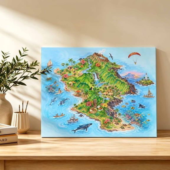 Summer Island Canvas Wall Art, Tropical Coastal Green Volcanic Peak Ocean Flowers Whale Wall Art Prints Artwork Framed Canvas Ready to Hang Art Pictures for Bathroom Bedroom Entry Desk Corner 10"x8"