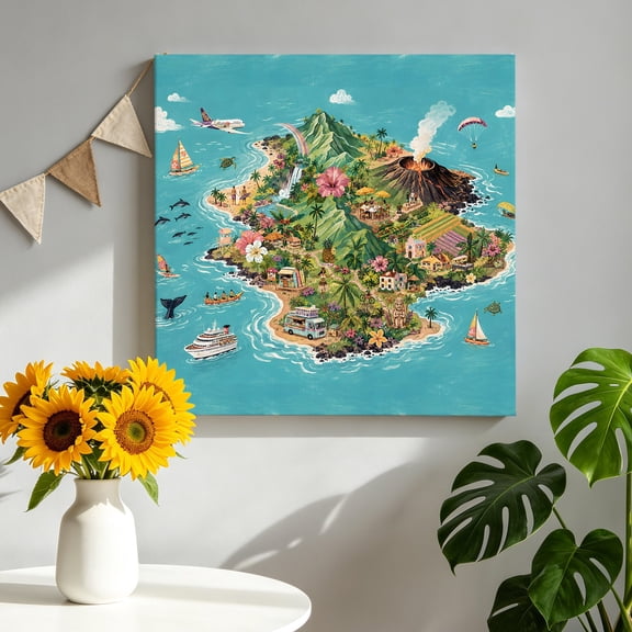 Summer Island Canvas Wall Art, Tropical Coastal Volcanic Peak Ocean Tree Flowers Ship Pictures Wall Decor Wooden Framed Artwork Art Prints for Living Room Hallway Bedroom Office 8"x8"