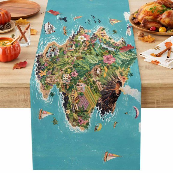 Summer Island Cotton Linen Rectangle Table Runners 13"x36", Coastal Vacation Volcano Ocean Ship Whale Coffee Table Runner Dresser Scarves Luxury Table Runners for Wedding Party Banquet Dinner Decor