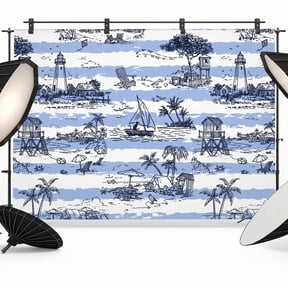 Summer Island Photography Backdrop 7x5FT, Ocean Lighthouse Tropical Plants Blue Stripes Photo Backdrops, Background for Photography Studio Photo Studio Background, Back Drop for Photoshoot