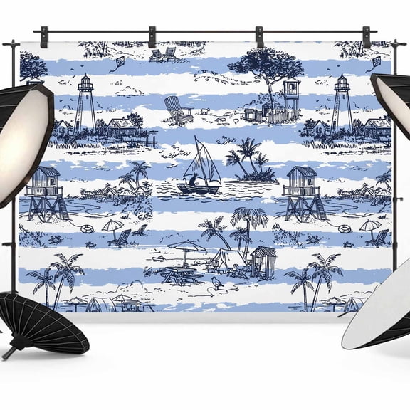 Summer Island Photography Backdrop 7x5FT, Ocean Lighthouse Tropical Plants Blue Stripes Photo Backdrops, Background for Photography Studio Photo Studio Background, Back Drop for Photoshoot