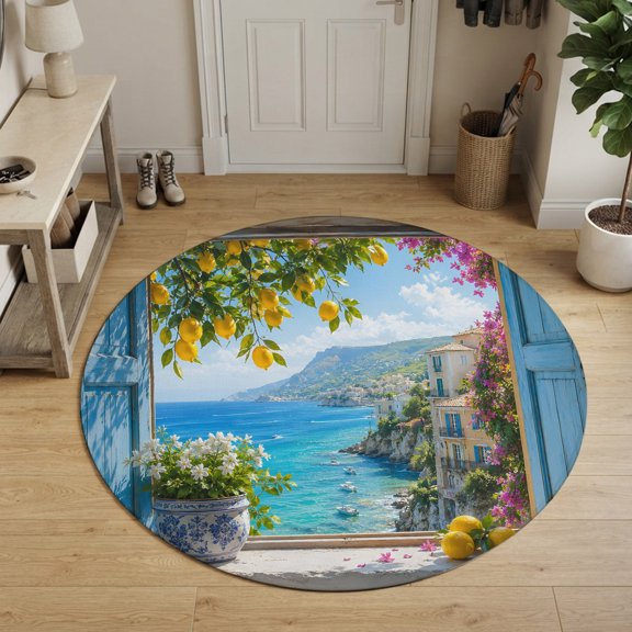 Summer Island Round Area Rug 6Ft Washable Circle Rugs for Bathroom Office, Coastal Beach Mediterranean Lemon Country Non-Slip Carpet Floor Mats Indoor Outdoor Carpet Runner Aesthetic Home Decor