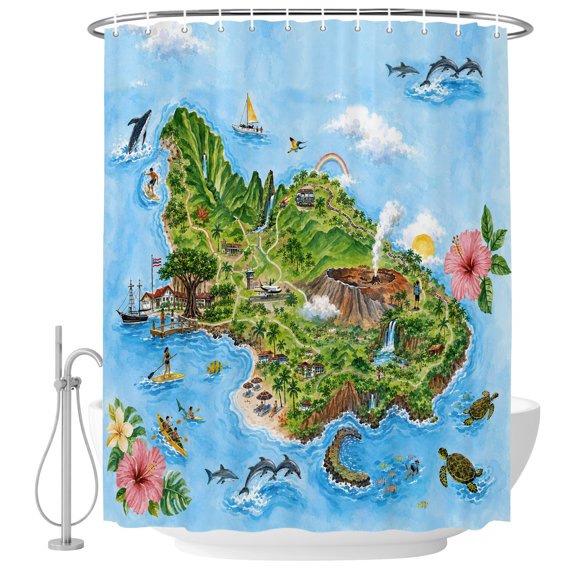 Summer Island Shower Curtain for Bathroom, Tropical Coastal Green Volcanic Peak Sea Turtles Whale Waterproof Cloth Fabric Bathroom Accessories Set with 9 Rust Proof Plastic Hooks, 36"x72"