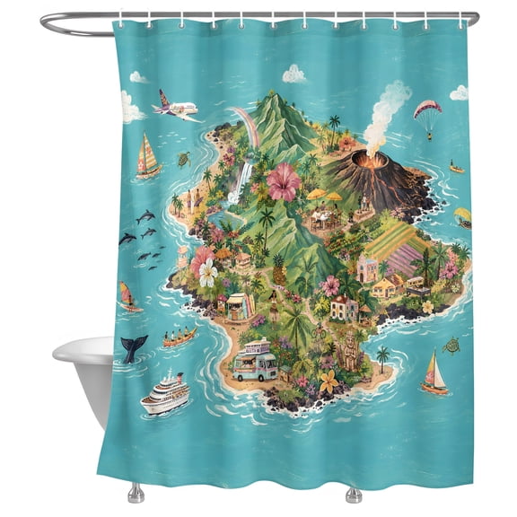 Summer Island Shower Curtain, Tropical Coastal Volcanic Peak Ocean Tree Flowers Ship Lightweight Waterproof Fabric Shower Curtain with Rustproof Grommets for Bathroom Bathtub 36x72in