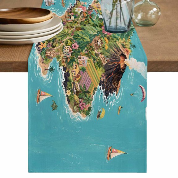 Summer Island Table Runner, Coastal Vacation Volcano Ocean Ship Whale Washable Cotton Linen Table Runners 36 Inches Long, Dresser Scarf Runner for Nightstand/End Tables/Round Tables 13''x36''