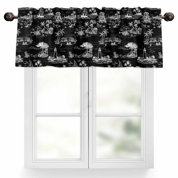 Summer Island Valances for Windows Ocean Lighthouse Tropical Plants Black Valance Curtains Rod Pocket Bathroom Small Window Treatments for Kitchen Living Room Bedroom, 54"x18"