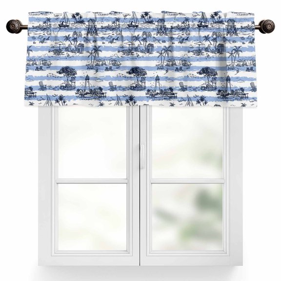 Summer Island Valances for Windows Ocean Lighthouse Tropical Plants Blue Stripes Valance Curtains Rod Pocket Bathroom Small Window Treatments for Kitchen Living Room Bedroom, 42"x12"