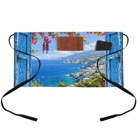 Summer Island Waitress Apron with 3 Pockets, Coastal Flowers Beach Sea View Server Aprons Waterproof Kitchen Restaurant Half Waist Apron for Men Women