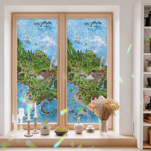 Summer Island Window Privacy Film Tropical Coastal Green Volcanic Peak Sea Turtles Whale Static Cling Stained Glass Window Film Non-Adhesive Decorative Decals Rainbow Sticker 23.6"X59"