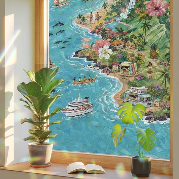 Summer Island Window Privacy Film, Tropical Coastal Volcanic Peak Ocean Tree Flowers Ship Static Cling Stained Glass Window Sticker Decorative Removable Rainbow Film for Glass 17.7”x39.3”