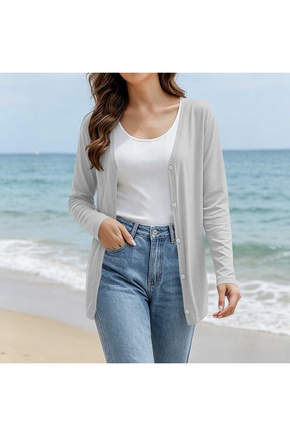 Summer Jackets For Women Fashion V Neck Long Sleeve Solid Color Thin Breathable Button Front Sun Protection Cardigan For Hot Weather Layering Light Jackets For Women