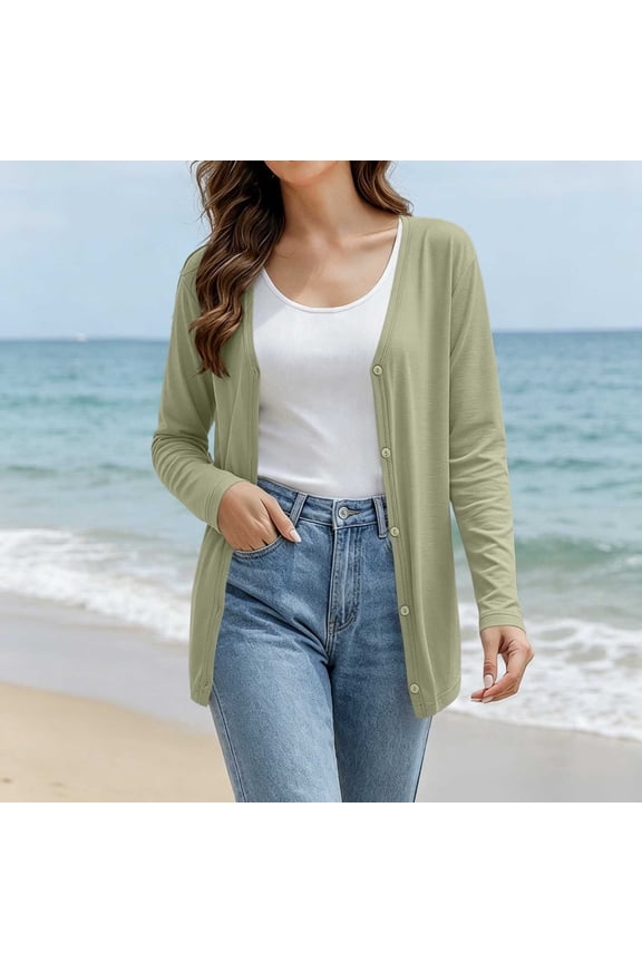 Summer Jackets For Women Fashion V Neck Long Sleeve Solid Color Thin Breathable Button Front Sun Protection Cardigan For Hot Weather Layering Light Jackets For Women
