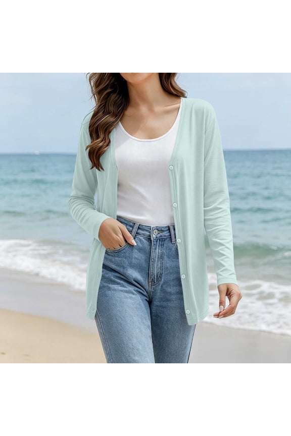 Summer Jackets For Women Fashion V Neck Long Sleeve Solid Color Thin Breathable Button Front Sun Protection Cardigan For Hot Weather Layering Light Jackets For Women
