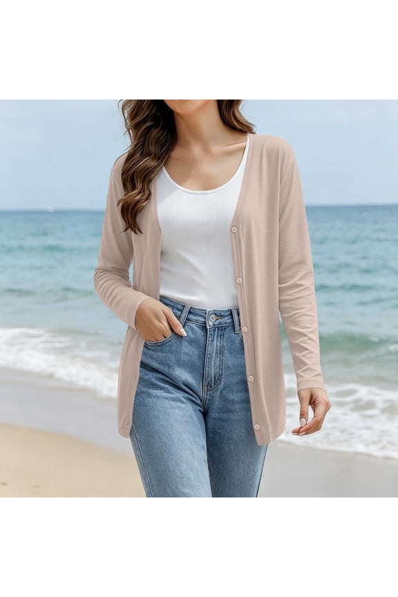 Summer Jackets For Women Fashion V Neck Long Sleeve Solid Color Thin Breathable Button Front Sun Protection Cardigan For Hot Weather Layering Light Jackets For Women