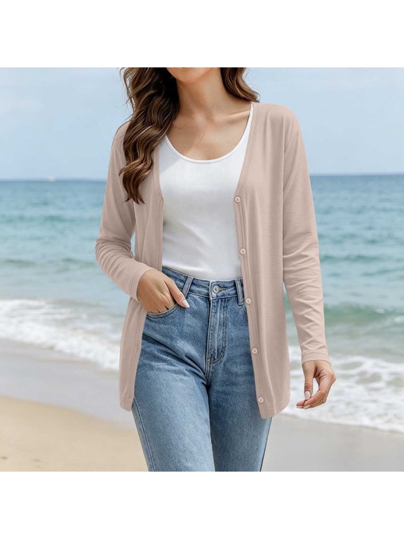 Summer Jackets For Women Fashion V Neck Long Sleeve Solid Color Thin Breathable Button Front Sun Protection Cardigan For Hot Weather Layering Light Jackets For Women