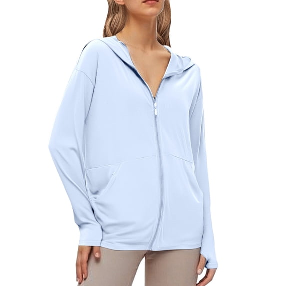 Summer Jackets for Women Athletic Jacket Hoodie Running Shirts Long Sleeve for Hiking Outdoor Summer Workout Plus Size Tee Tops Blue L