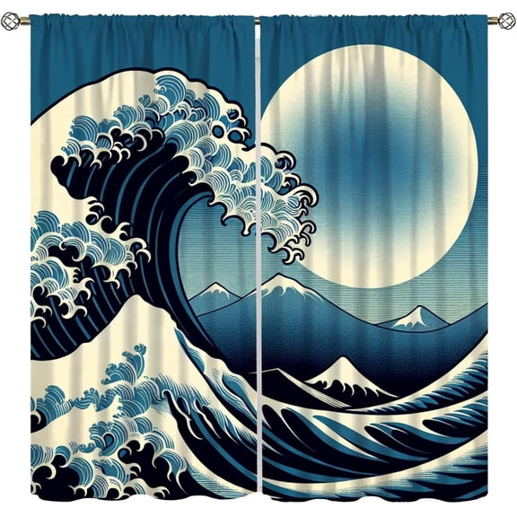 Summer Japan Wave Curtain,Kids Japanese Anime Sea Waves Nautical Adventure Themed Blackout Window Treatments,for Child Classroom Living Room Bedroom Kitchen Cafe Farmhouse 84" W X 84" L