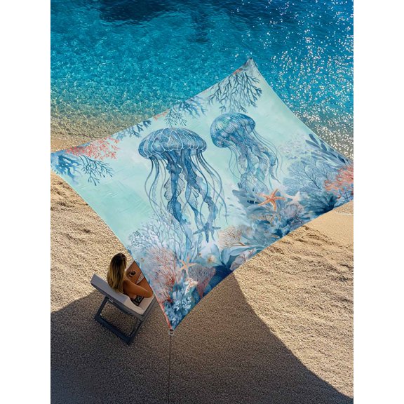Summer Jellyfish Sun Shade Sail 6.5' x 10', Teal Orange Ocean Corals Starfish Coastal Rectangle Outdoor Sunshade Canopy, Waterproof UV Block Patio Covers for Garden Yard Beach