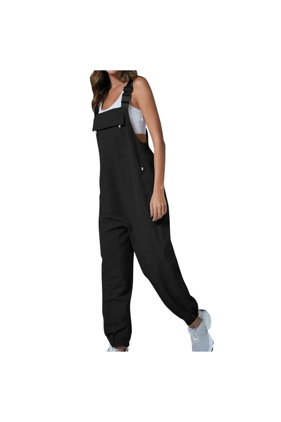 Summer Joggers Jumpsuits for Women Buckle Adjustable Straps Bib Overalls Casual Summer Women's Sleeveless Jumpsuits with Zipper Pockets New Black XL
