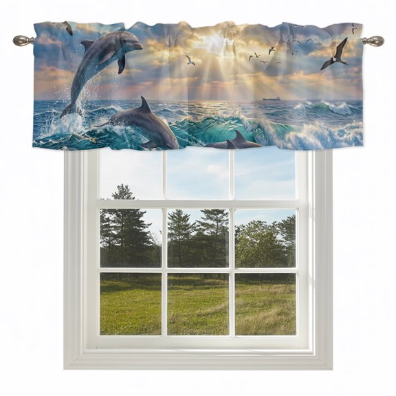 Summer Jumping Dolphins Seagull Valances for Windows Coastal Ocean Sceneric Rod Pocket Curtain Valance Window Treatment Short Curtains for Kitchen Living Room,42x12in