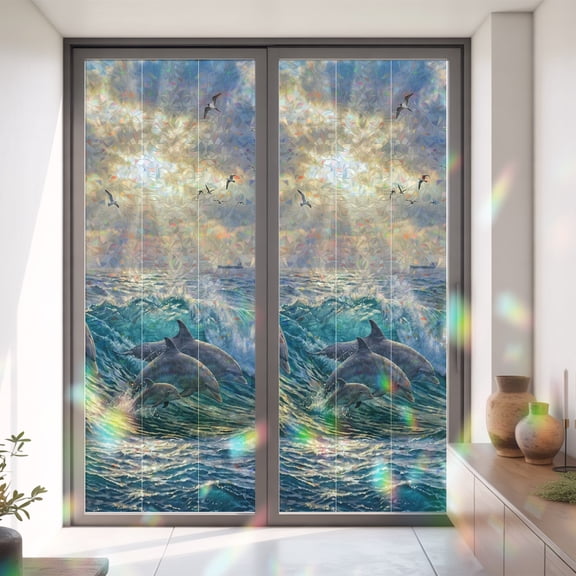 Summer Jumping Dolphins Seagull Window Privacy Film,Decorative Windows Static Cling Coastal Ocean Sceneric Heat Control Removable Glass Sticker for Home Bathroom Bedroom Window Door,35x79in
