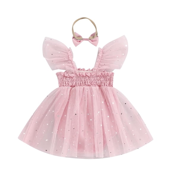 Summer Jumpsuit For Toddler Girls Ruffled Sleeve Sparkly Mesh Dress Romper Cute Onesies With Bow Headband (12 Months, Pink)