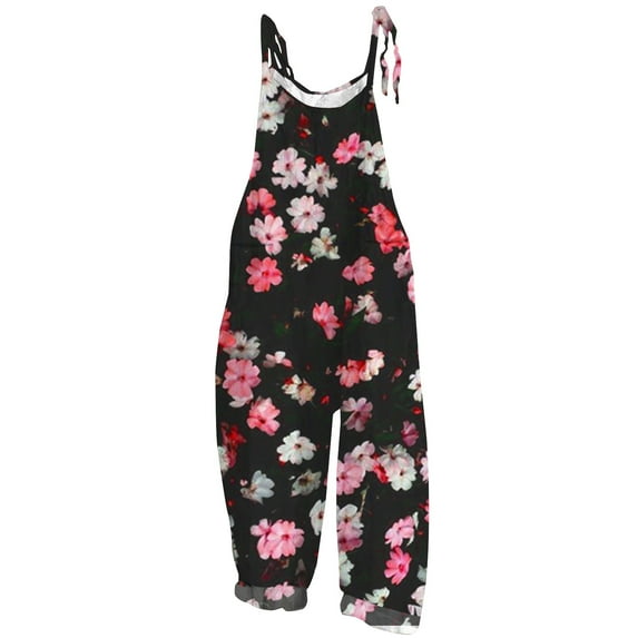 Summer Jumpsuit Women Casual Tie Strap Floral Print Long Romper with Pocket High Waist Wide Leg Slimming Patio Outfits, Multicolor, XL