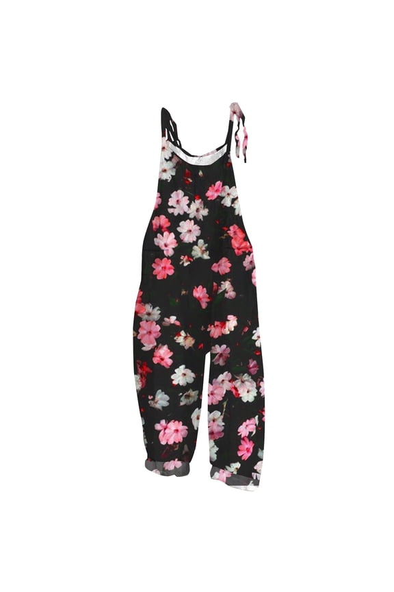 Summer Jumpsuit Women Casual Tie Strap Floral Print Long Romper with Pocket High Waist Wide Leg Slimming Patio Outfits, Multicolor, XXL