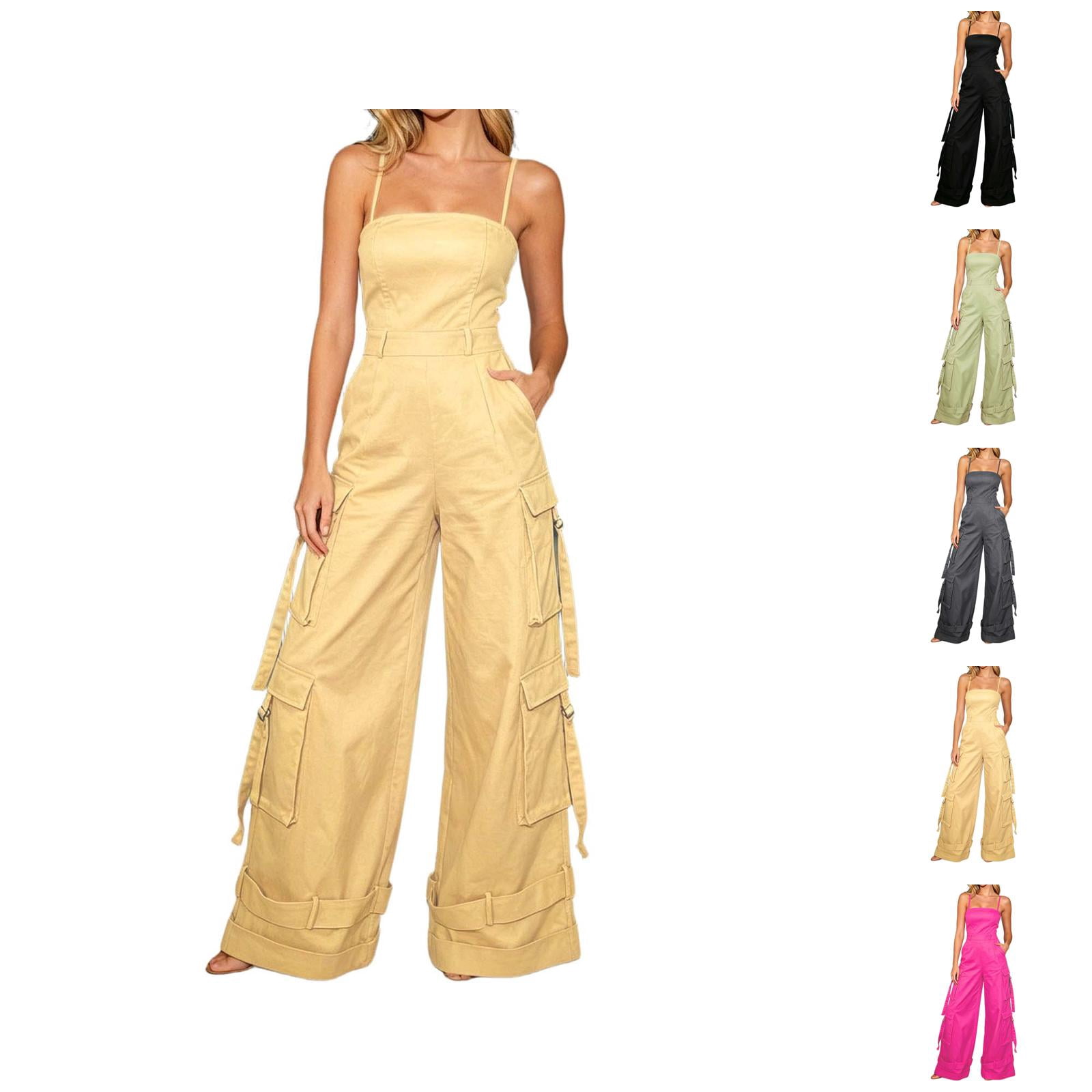 Summer Jumpsuit Women Strapless Wide Leg Romper Multiple Pockets Solid Color Beach Vacation Breezy Effortless