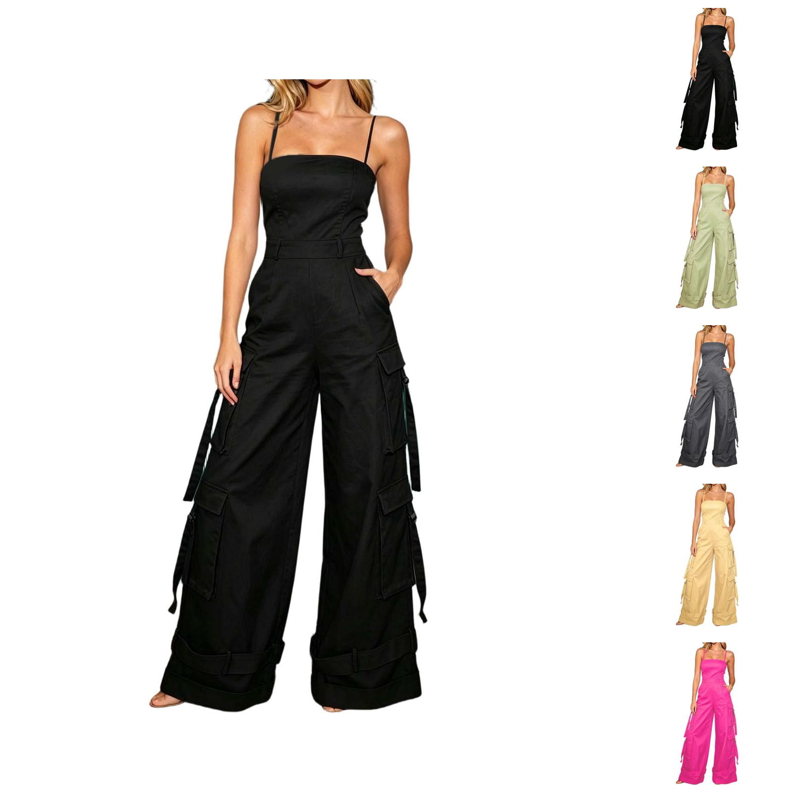 Summer Jumpsuit Women Strapless Wide Leg Romper Multiple Pockets Solid Color Beach Vacation Breezy Effortless