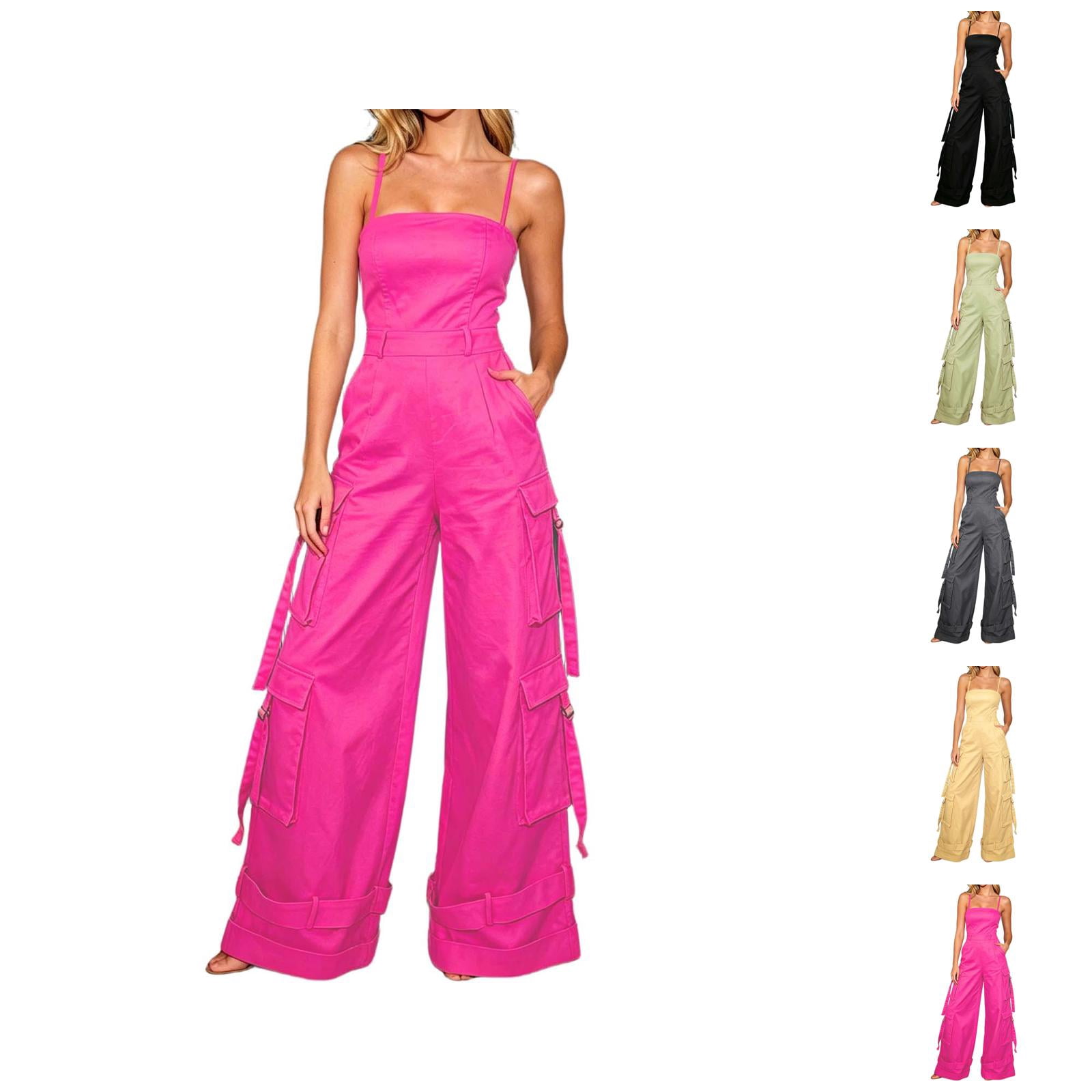 Summer Jumpsuit Women Strapless Wide Leg Romper Multiple Pockets Solid Color Beach Vacation Breezy Effortless