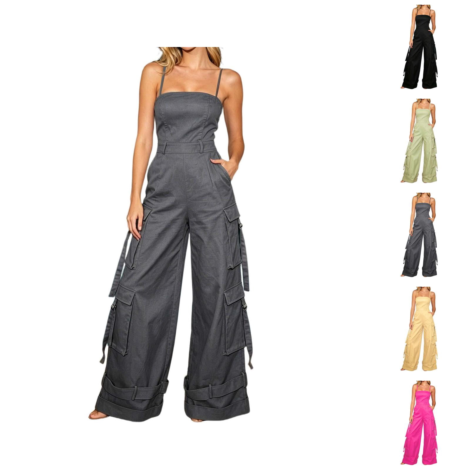 Summer Jumpsuit Women Strapless Wide Leg Romper Multiple Pockets Solid Color Beach Vacation Breezy Effortless