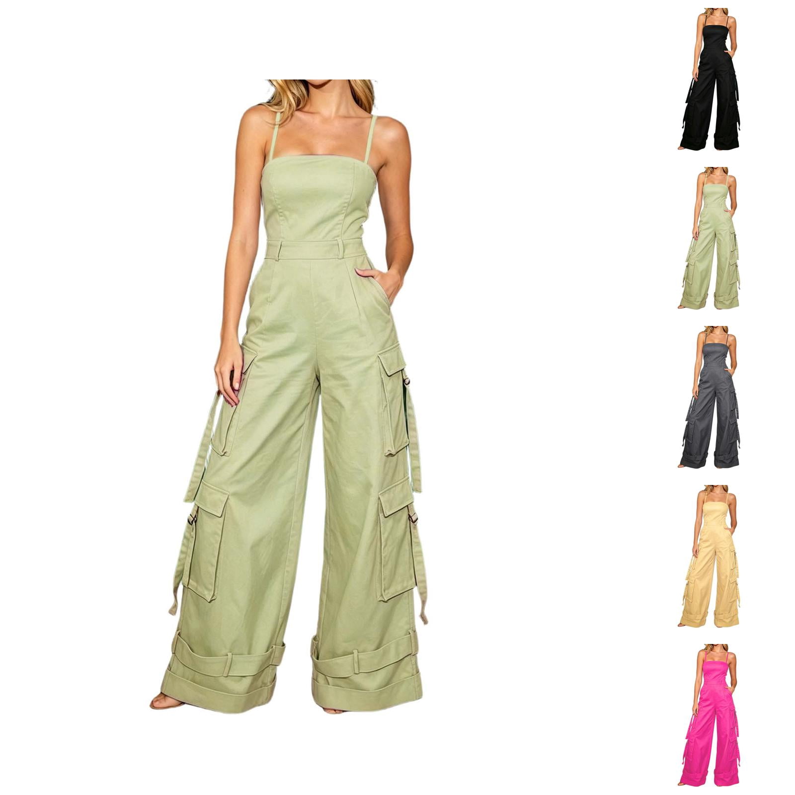Summer Jumpsuit Women Strapless Wide Leg Romper Multiple Pockets Solid Color Beach Vacation Breezy Effortless