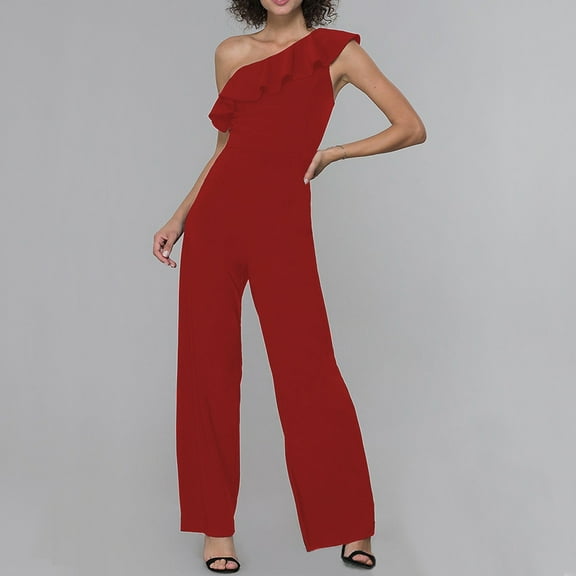 Summer Jumpsuit for Women Dressy Ruffle One Shoulder High Waist Long Romper Slimming Flared Hem Pants Party Outfits, Red, S