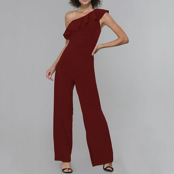 Summer Jumpsuit for Women Dressy Ruffle One Shoulder High Waist Long Romper Slimming Flared Hem Pants Party Outfits, Wine, S