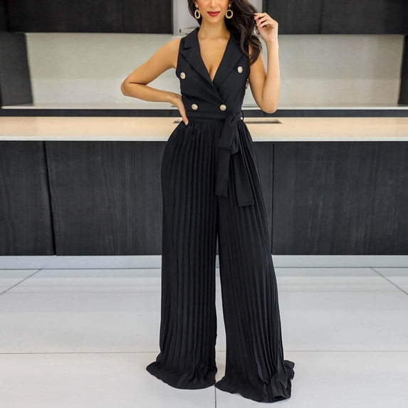 Summer Jumpsuit for Women Office Collared Button Front Tie Knot Waist Jumper Pleated Wide Leg HolLow Back Work Outfits, Black, S