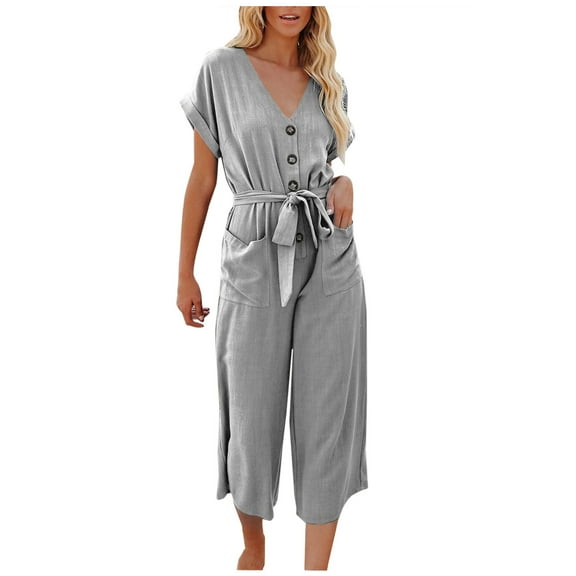 Summer Jumpsuit for Women V Neck Button Down Short Sleeve Tie Waist Casual Soft Wide Leg Capris Romper with Pockets Ladies Clothes