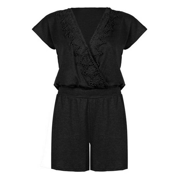 Summer Jumpsuit for Women V Neck Cross Lace Splicing Short Sleeve Romper Casual Loose Fit Shorts Jumpsuit