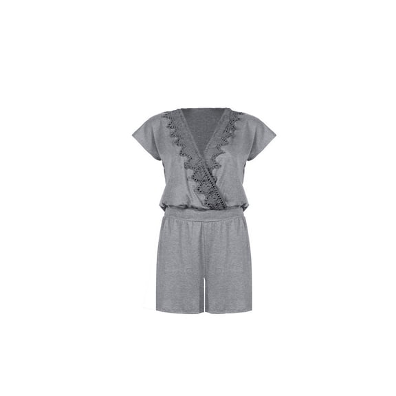 Summer Jumpsuit for Women V Neck Cross Lace Splicing Short Sleeve Romper Casual Loose Fit Shorts Jumpsuit